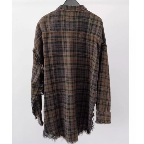 NWT R13 Shredded Seam Drop Neck Shirt Teal Navy Yellow Plaid Brown - Picture 7 of 13